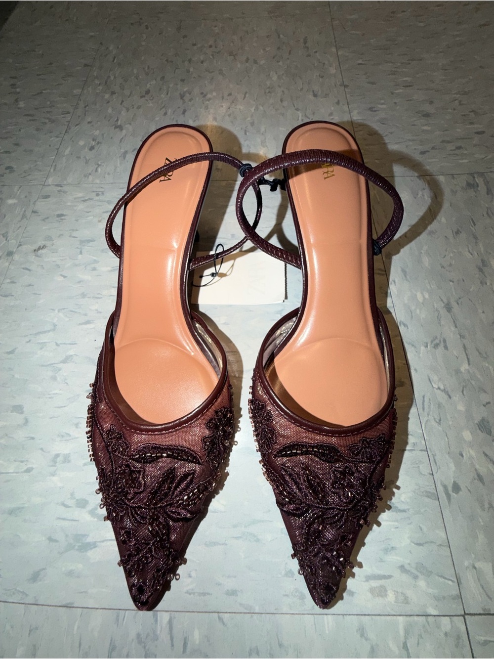 Embellished Mesh Pointed-Toe Slingback Heels in Deep Burgundy